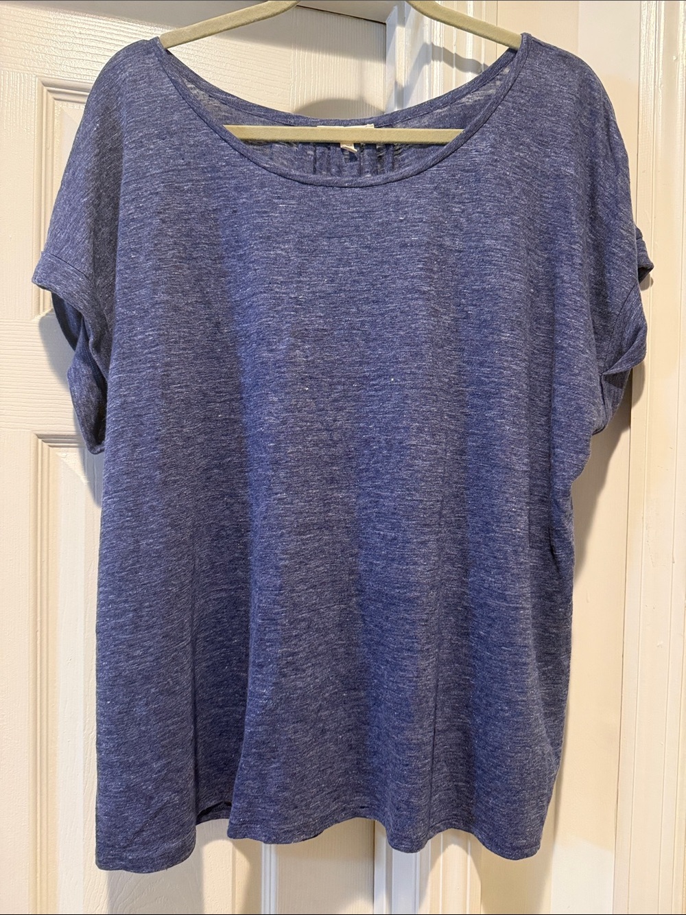 Eileen Fisher Organic Linen Heathered Blue Short Cuffed Sleeve Scoop Neck Boxy M